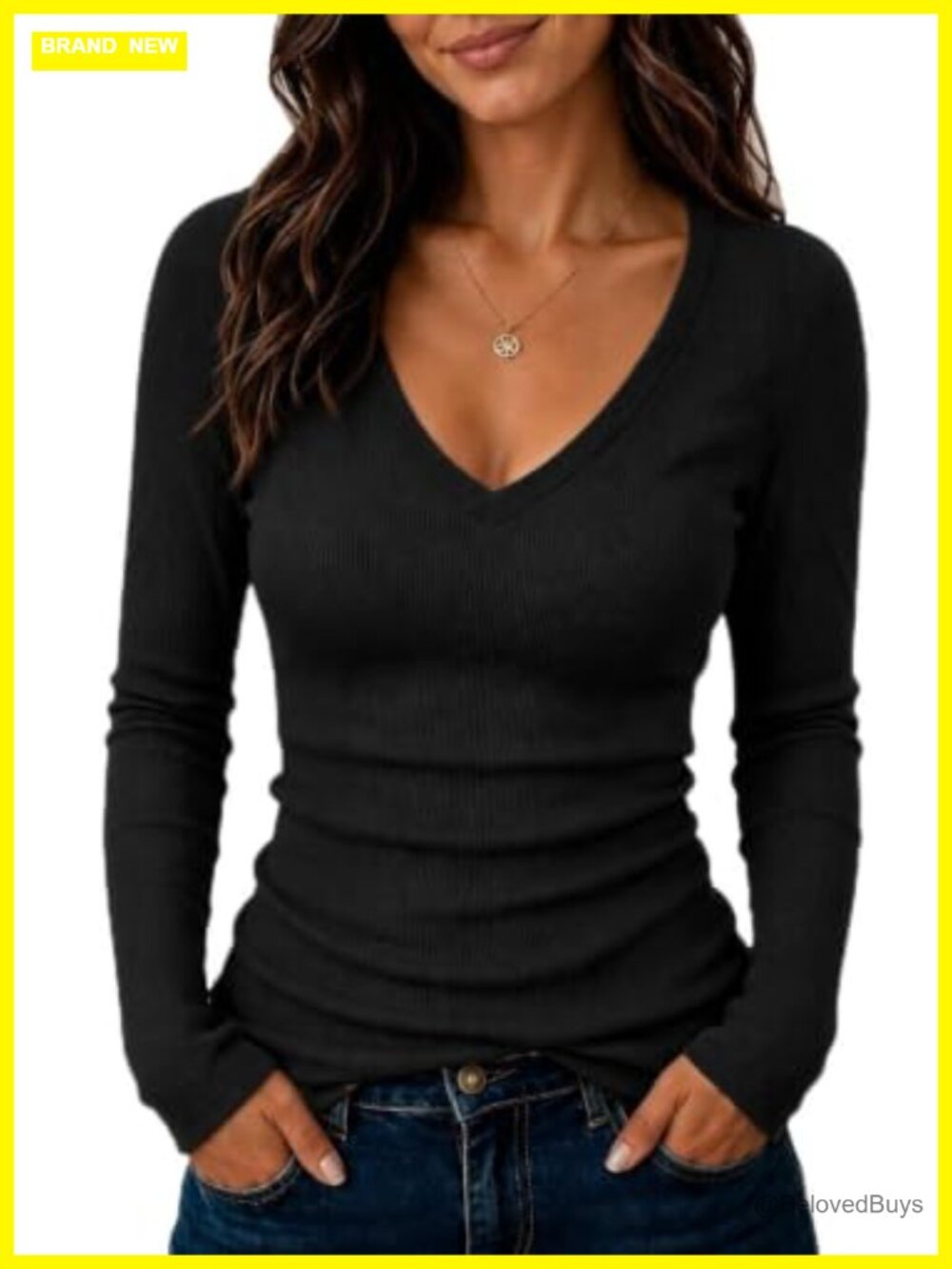 Women Long Sleeve V Neck Ribbed Knit Slim Fit Business Casual Work Top